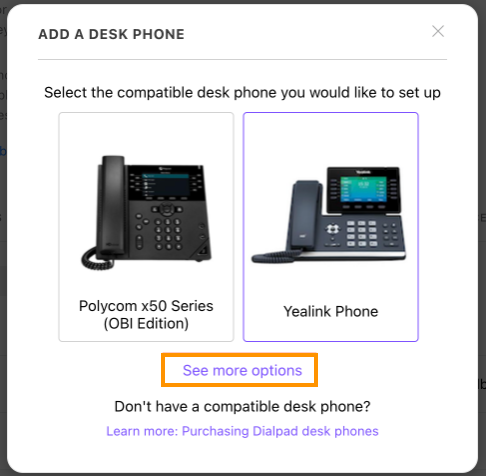 Options to add a desk phone with highlighted link for more choices.