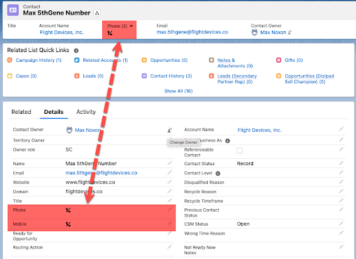 Screenshot of a Salesforce contact record showing red-highlighted phone field areas where click-to-call numbers appear blanked out or hidden due to an configuration issue.