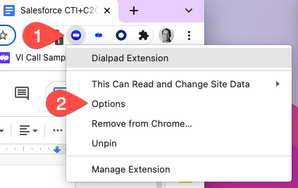 Screenshot of Google Chrome showing a context menu for the Dialpad Extension, with numbered callout bubbles highlighting the extension icon in the toolbar (1) and the 'Options' menu item (2).