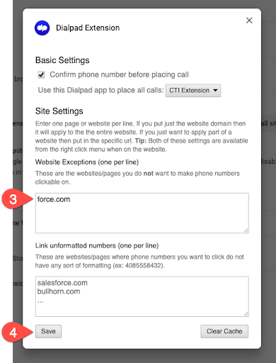 Screenshot of the Dialpad Extension settings window, with numbered callout bubbles highlighting "force.com" entered in the Website Exceptions text box (3) and the "Save" button at the bottom left (4).