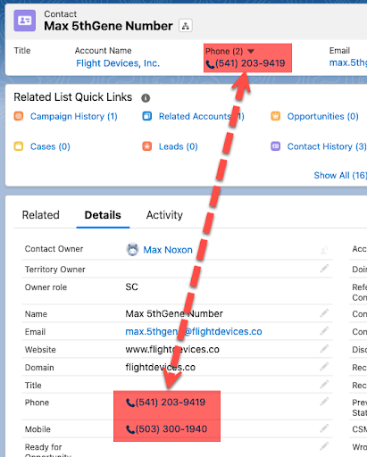 Screenshot of a Salesforce contact record showing red-highlighted phone field areas where clickable Dialpad phone numbers are now correctly displayed and visible.