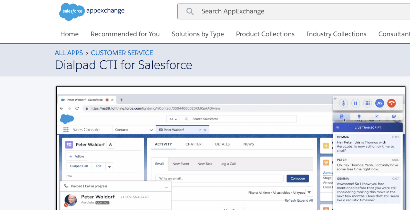Screenshot of the Salesforce AppExchange page listing the 'Dialpad CTI for Salesforce' application with a preview image of the CTI embedded in Salesforce Console.