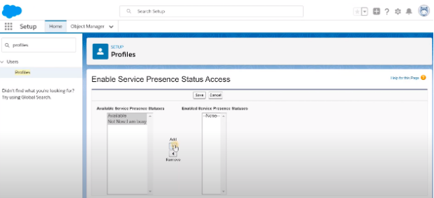 Screenshot of the Salesforce Setup page under 'Profiles' showing the 'Enable Service Presence Status Access' interface, where users can move options from 'Available Service Presence Statuses' to 'Enabled Service Presence Statuses' using the Add button.