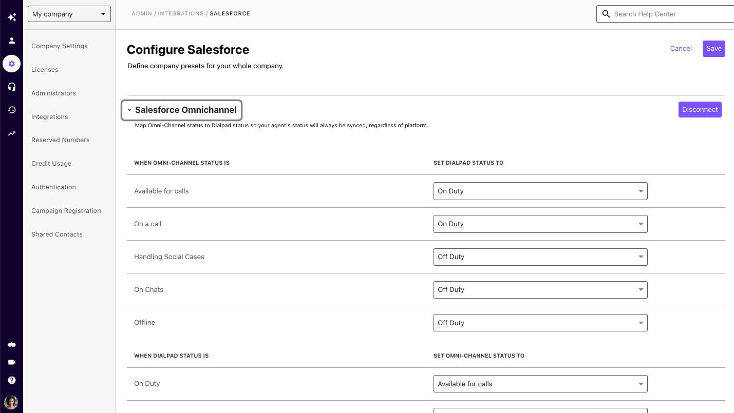 Screenshot of the Dialpad Admin Settings 'Configure Salesforce' page displaying status mapping options between Salesforce Omni-Channel and Dialpad statuses.