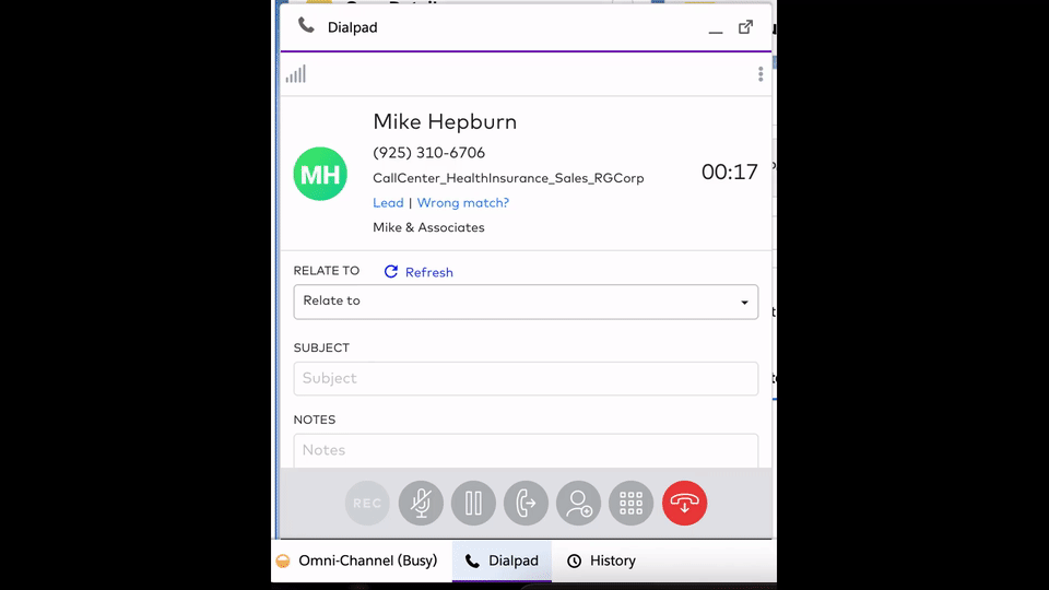 Animated GIF demonstrating automatic status syncing between Dialpad and Salesforce Omni-Channel during an active call, showing Omni-Channel update to 'Busy' on the bottom bar while the Dialpad CTI panel is open.
