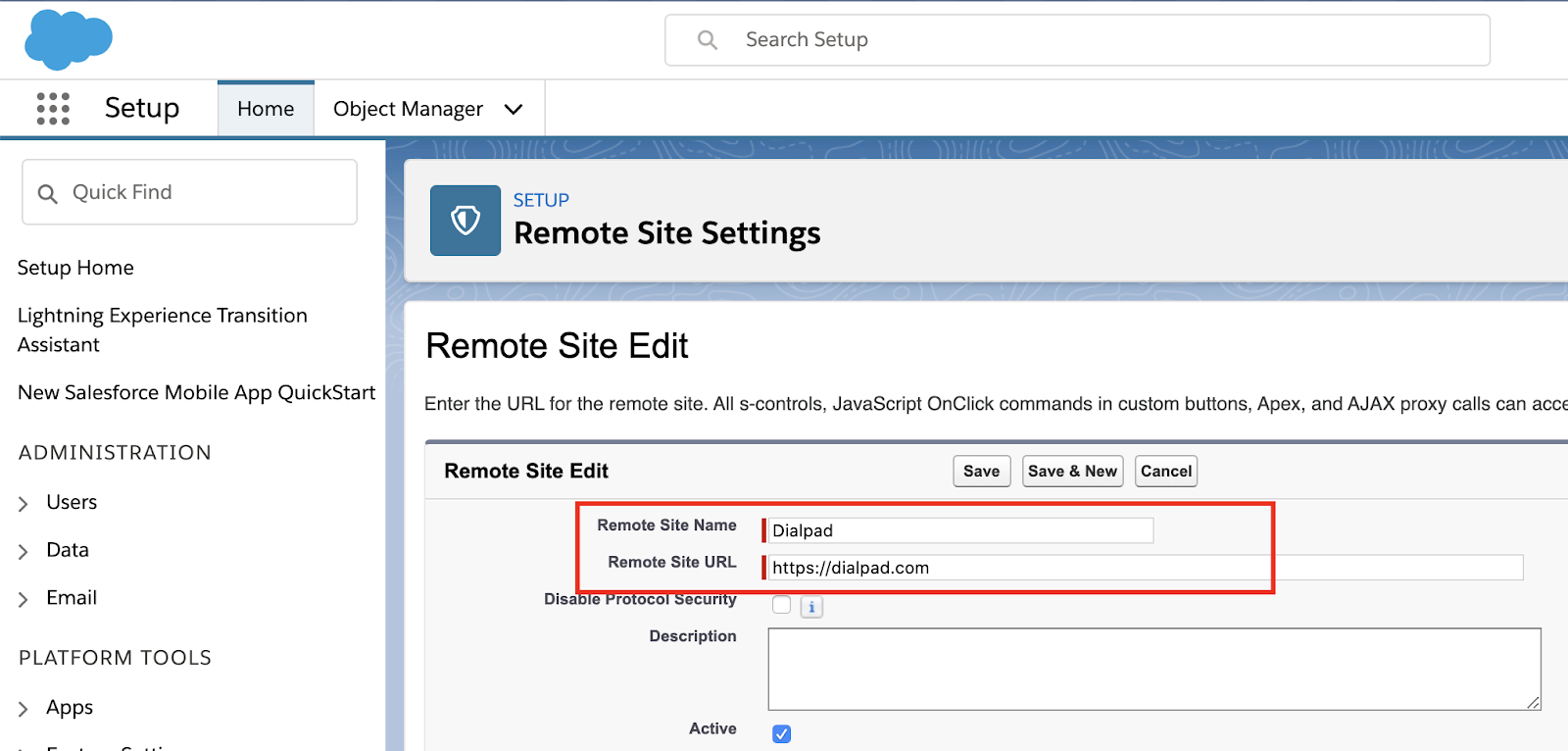 Screenshot of the Salesforce 'Remote Site Edit' page with a red box highlighting the Remote Site Name set to 'Dialpad' and the Remote Site URL set to 'https://dialpad.com'.