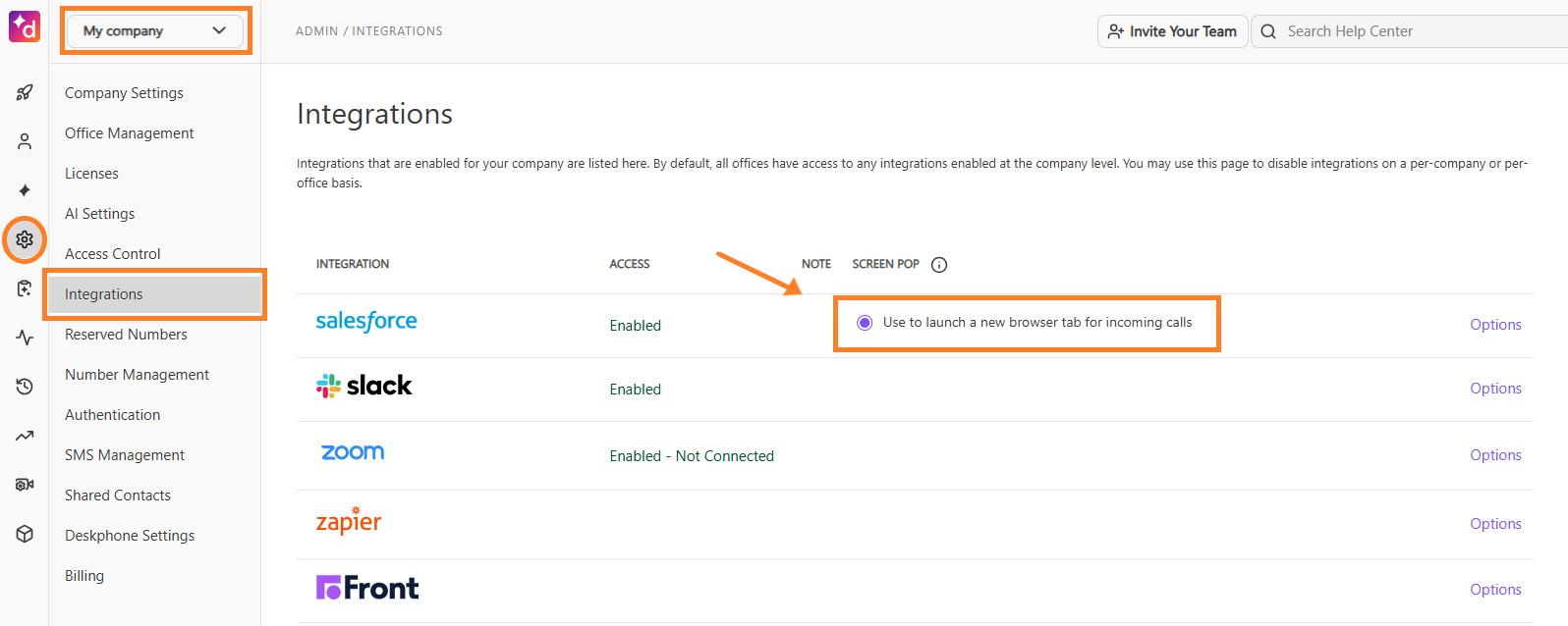 Screenshot of the Dialpad Admin Integrations page, with orange boxes highlighting 'My company', the 'Integrations' navigation item, and the radio button for 'Use to launch a new browser tab for incoming calls' next to Salesforce.