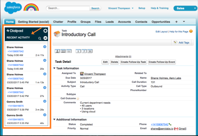 Screenshot of the Salesforce Classic interface featuring an orange box highlighting the embedded Dialpad 'Recent Activity' sidebar on the left side of the screen.