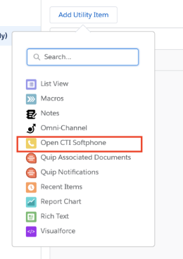 Screenshot of the Salesforce utility item search menu, featuring a red box highlighting 'Open CTI Softphone' in the dropdown list beneath the search field.