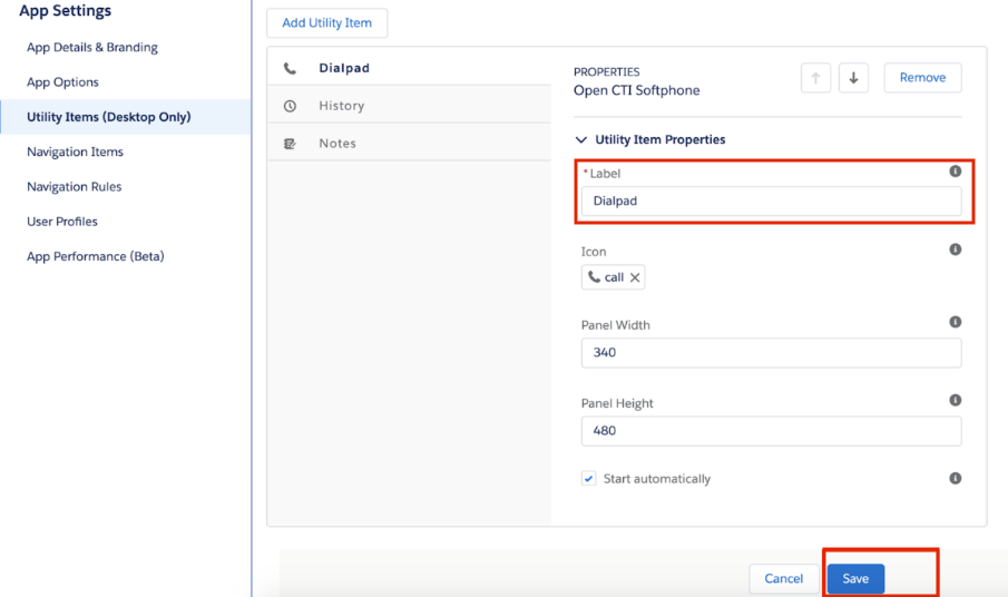 Screenshot of the Open CTI Softphone utility item properties panel in Salesforce Lightning App Builder, with red boxes highlighting the Label field set to 'Dialpad' and the blue 'Save' button at the bottom right.