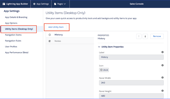 Screenshot of the Salesforce Lightning App Builder 'App Settings' screen, featuring red boxes highlighting 'Utility Items (Desktop Only)' in the left navigation and the 'Add Utility Item' button on the main panel.