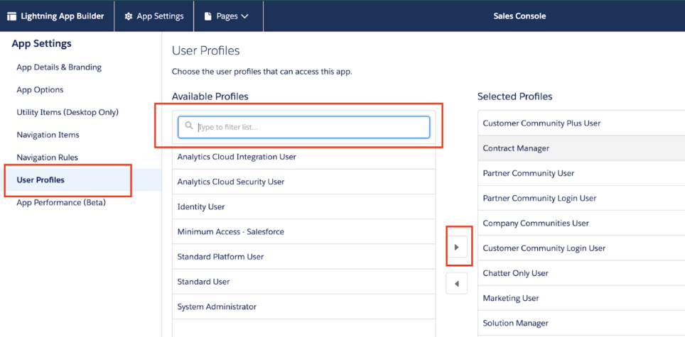 Screenshot of the Salesforce Lightning App Builder 'User Profiles' settings screen, featuring red boxes highlighting 'User Profiles' in the left menu, the search field under 'Available Profiles', and the right arrow button for moving profiles to 'Selected Profiles'.