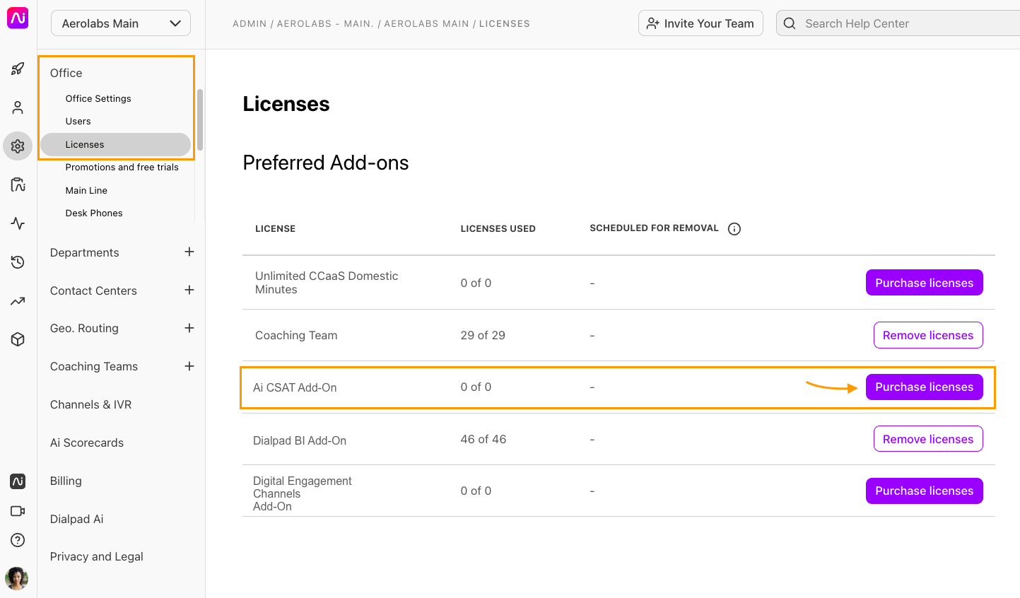 Dialpad Admin Settings page showing the Preferred Add-Ons menu with options to purchase AI CSAT licenses. 
