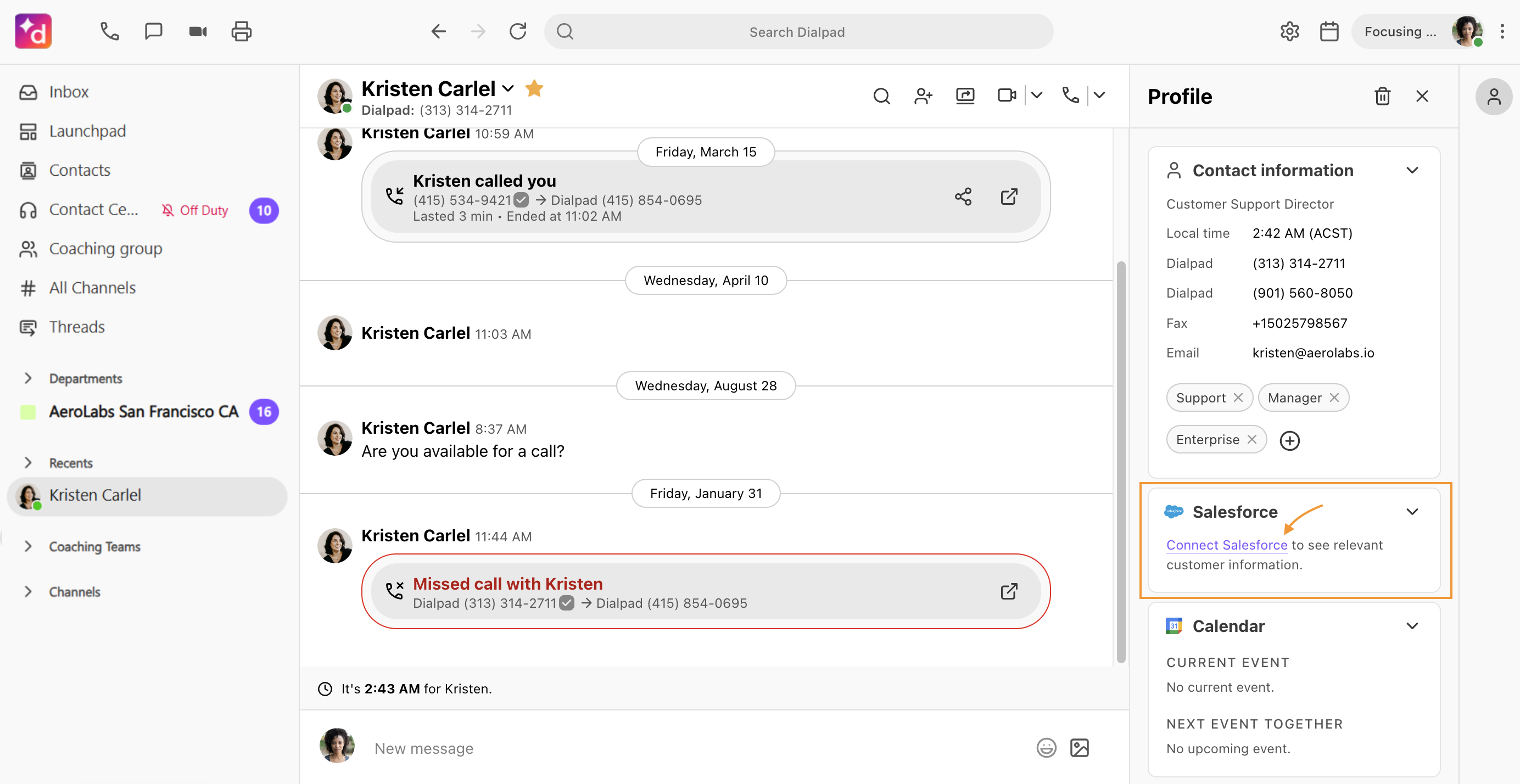 Screenshot of the Dialpad app with an orange box highlighting the Salesforce widget in the right sidebar, featuring a 'Connect Salesforce' link to connect the user's account.