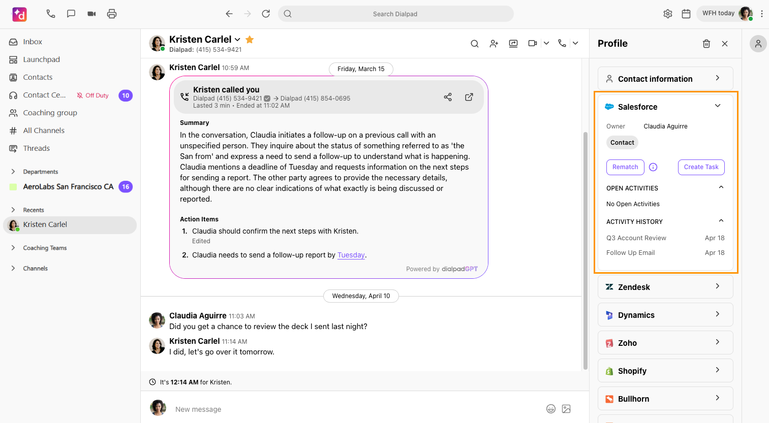 Screenshot of the Dialpad desktop app displaying contact information for 'Kristen Carlel', with an orange box highlighting the expanded Salesforce widget in the right-hand Profile sidebar showing owner details, contact badge, options to 'Rematch' or 'Create Task', open activities, and activity history.