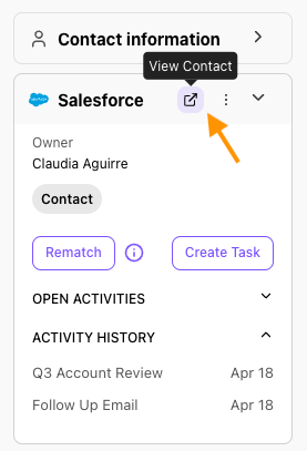 Screenshot of the Salesforce widget within Dialpad, featuring an orange arrow pointing to the pop-out icon with a 'View Contact' tooltip next to the Salesforce header.