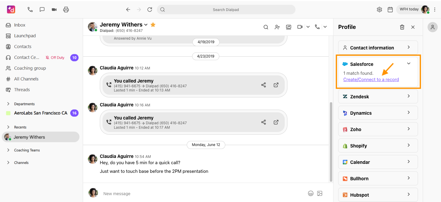 Screenshot of the Dialpad desktop app displaying conversation details for 'Jeremy Withers', with an orange box highlighting the Salesforce section in the Profile sidebar showing '1 match found' and an arrow pointing to the 'Create/Connect to a record' link.