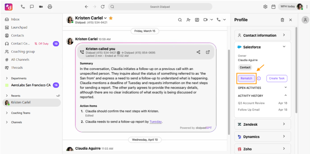 Screenshot of the Dialpad app with an orange box highlighting the 'Rematch' button in the Salesforce section of the Profile sidebar.