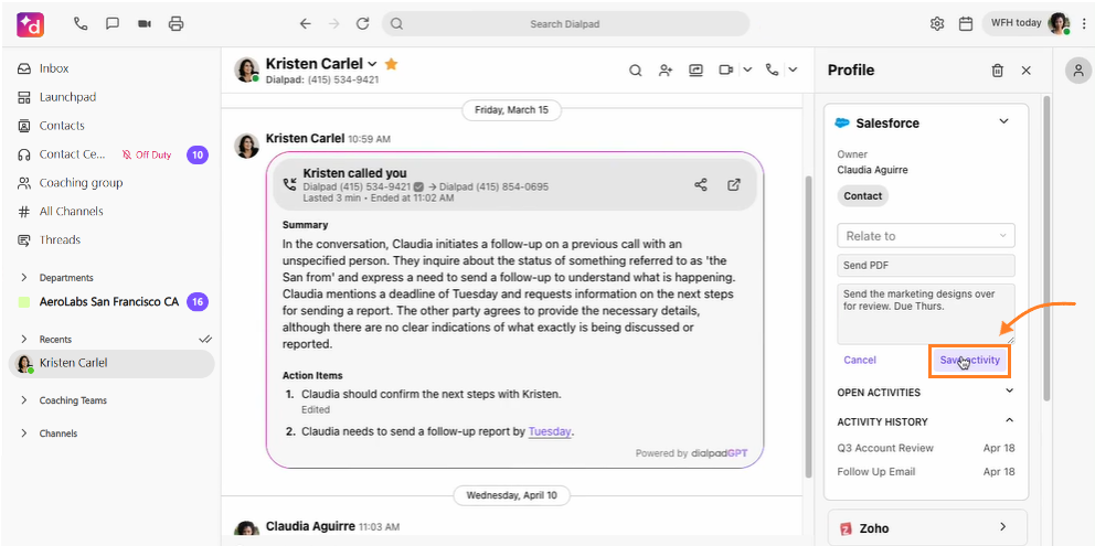 Screenshot of the Dialpad app with an orange box and arrow highlighting the purple 'Save Activity' button in the Salesforce task creation form on the right-hand Profile panel.