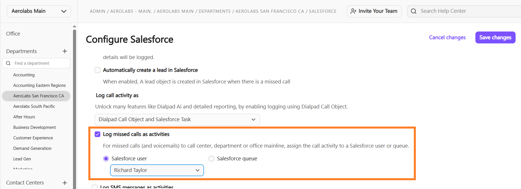 Screenshot of the Dialpad 'Configure Salesforce' settings page featuring an orange box highlighting the 'Log missed calls as activities' section with options for assigning activities to a Salesforce user or queue, with the 'Salesforce user' radio button selected.