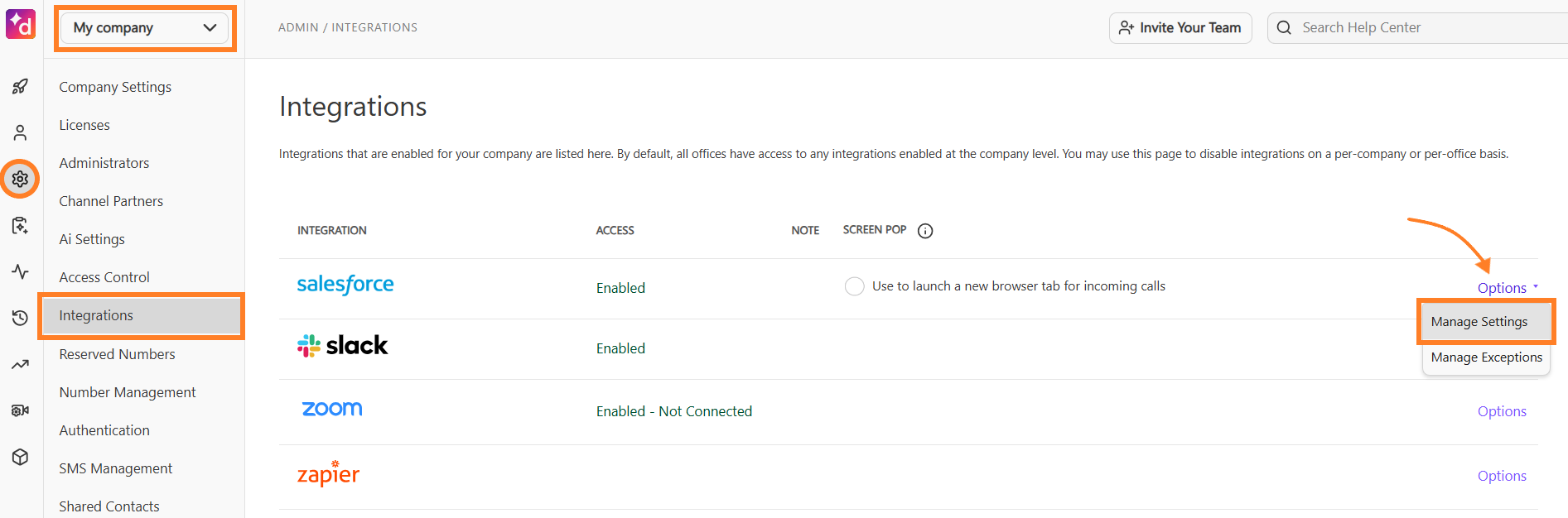 Screenshot of the Dialpad Admin Integrations page, with orange boxes highlighting 'My company', the 'Integrations' navigation menu, and the expanded 'Options' dropdown with 'Manage Settings' selected next to Salesforce.
