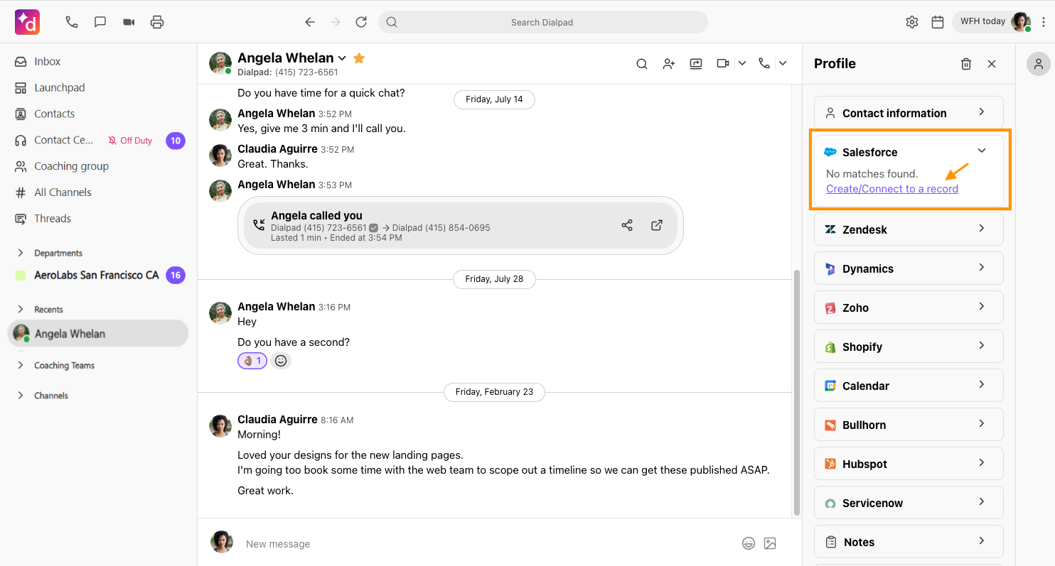 Screenshot of the Dialpad app with an orange box highlighting the Salesforce section in the Profile sidebar, showing 'No matches found' and an arrow pointing to the 'Create/Connect to a record' link.