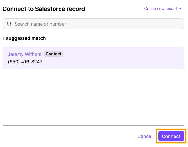 Screenshot of the 'Connect to Salesforce record' dialog window showing one suggested contact match, with an orange box highlighting the purple 'Connect' button at the bottom right.
