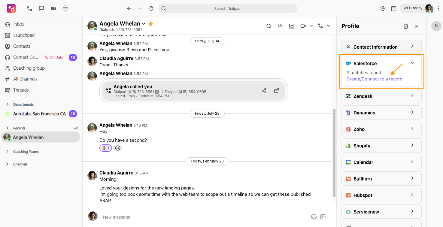 Screenshot of the Dialpad desktop app with an orange box highlighting the Salesforce section in the Profile sidebar, showing '3 matches found' and an arrow pointing to the 'Create/Connect to a record' link.