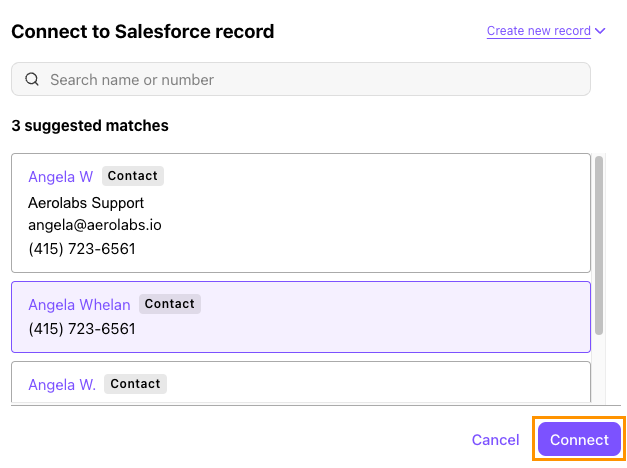 Screenshot of the 'Connect to Salesforce record' dialog window showing three suggested matches, with an orange box highlighting the purple 'Connect' button at the bottom right.
