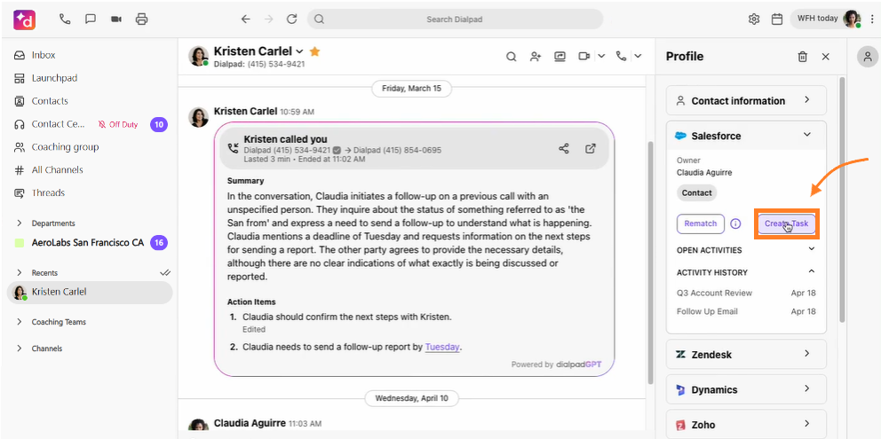 Screenshot of the Dialpad app with an orange box and arrow highlighting the 'Create Task' button in the Salesforce section of the Profile sidebar.
