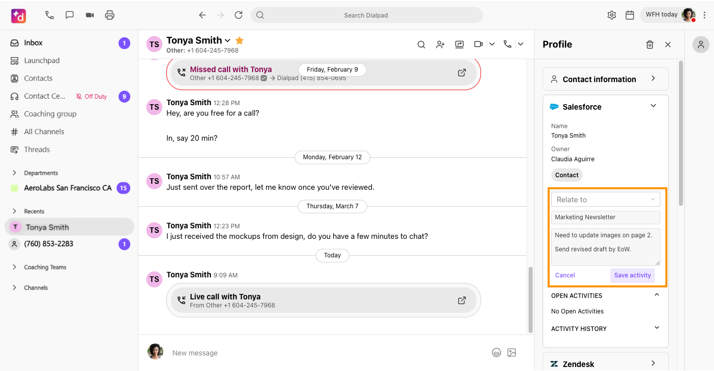 Screenshot of the Dialpad desktop app during an active call, featuring an orange box highlighting the activity form within the Salesforce sidebar widget, including fields forRelate to, subject, description, and the 'Save activity' button.