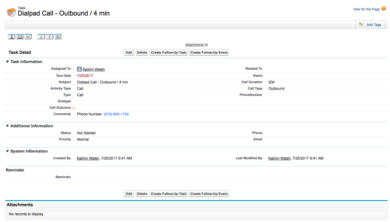 Screenshot of a Salesforce Task Detail page showing logged activity details for an outbound call, titled 'Dialpad Call - Outbound / 4 min', including call duration, type, assigned user, and phone number details.