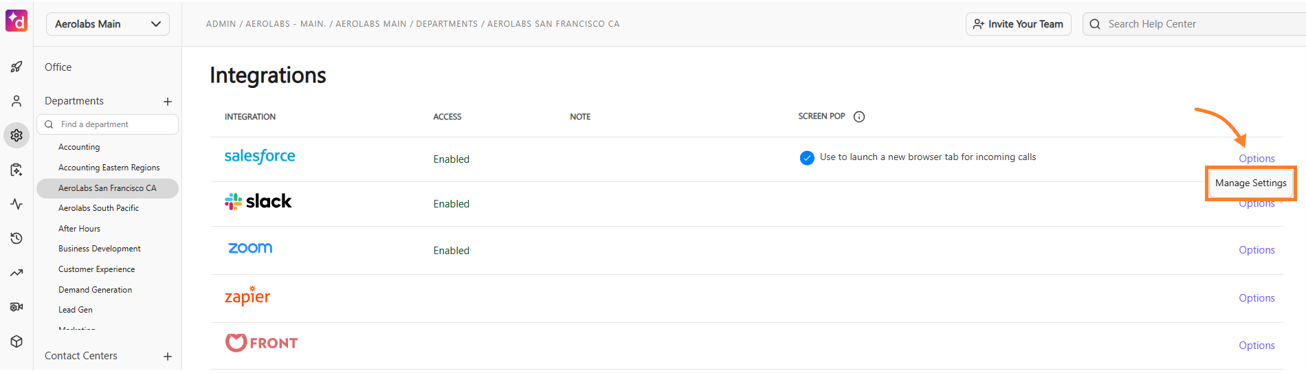 Screenshot of the Dialpad Admin page for a specific department, showing the Integrations settings with an orange arrow and box highlighting 'Manage Settings' under the Salesforce options menu.