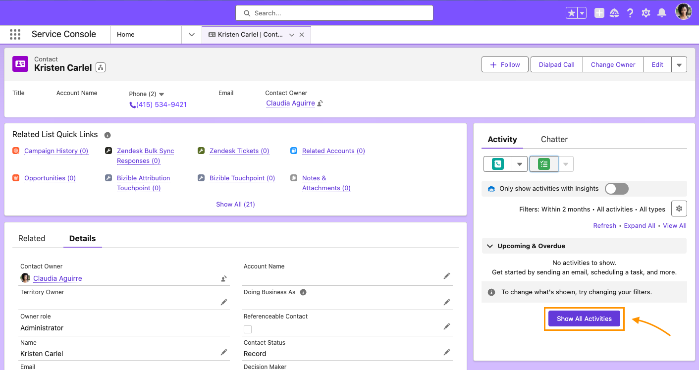 Screenshot of the Salesforce Service Console showing contact details for 'Kristen Carlel', with an orange box and arrow highlighting the purple 'Show All Activities' button in the right-hand Activity panel.