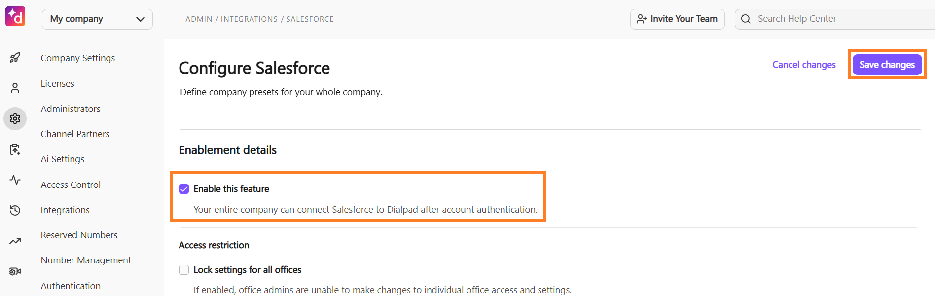 Screenshot of the Dialpad 'Configure Salesforce' integration settings page with orange boxes highlighting the checked 'Enable this feature' checkbox under Enablement details and the purple 'Save changes' button in the upper right corner.