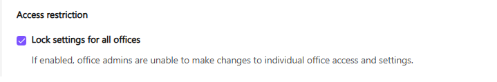 Screenshot of the Dialpad 'Access restriction' settings section showing a checked checkbox next to 'Lock settings for all offices'.