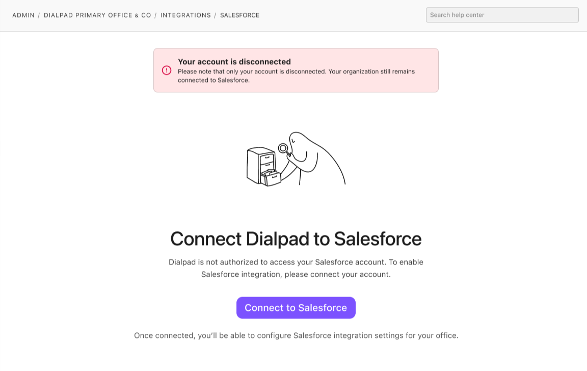 Screenshot of the 'Connect Dialpad to Salesforce' admin settings prompt showing a 'Your account is disconnected' warning banner and a purple 'Connect to Salesforce' button.