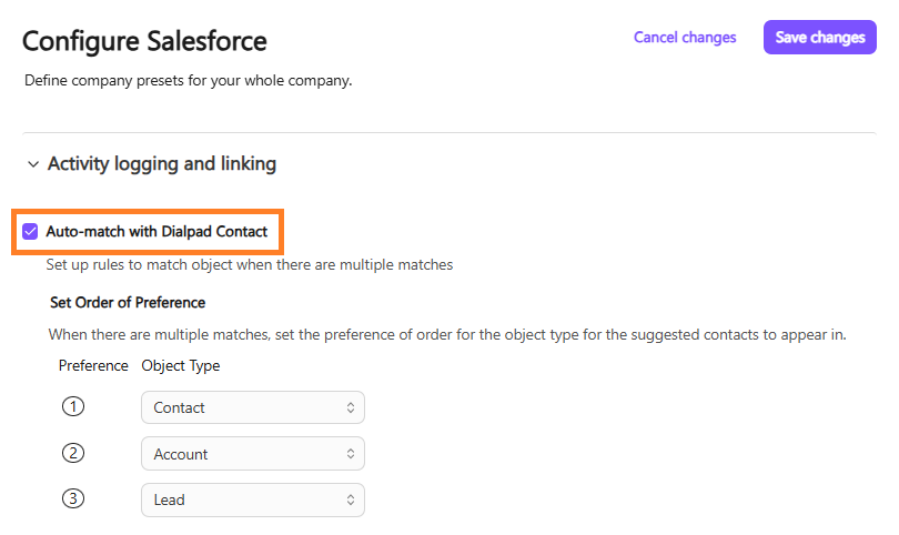 Screenshot of the Dialpad 'Configure Salesforce' settings page featuring an orange box highlighting the checked 'Auto-match with Dialpad Contact' checkbox above the 'Set Order of Preference' rules for object types.