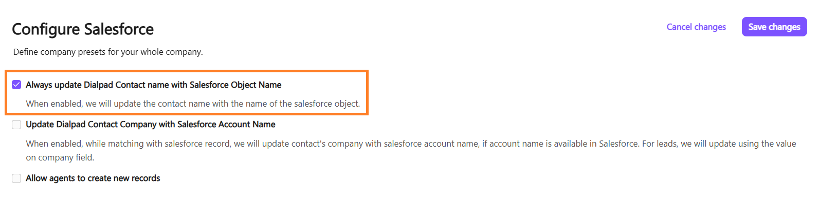 Screenshot of the Dialpad 'Configure Salesforce' settings page with an orange box highlighting the checked 'Always update Dialpad Contact name with Salesforce Object Name' checkbox and its description.