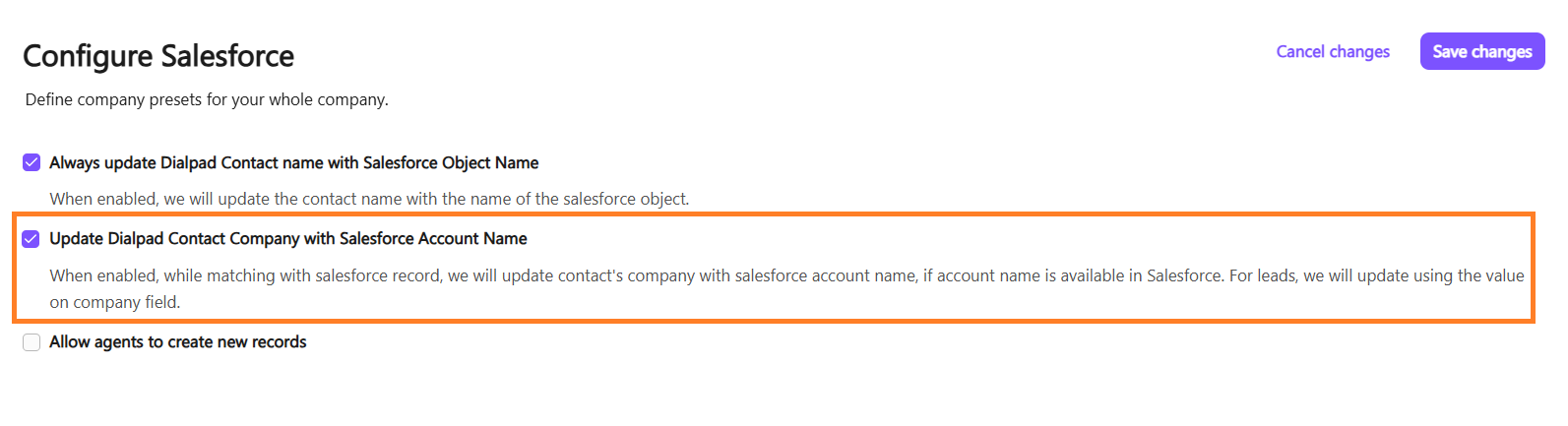 Screenshot of the Dialpad 'Configure Salesforce' settings page with an orange box highlighting the checked 'Update Dialpad Contact Company with Salesforce Account Name' option and its explanation text.