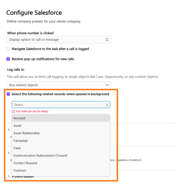 Screenshot of the Dialpad 'Configure Salesforce' settings page featuring an orange box highlighting the checked 'Select the following related records when opened in background' option and its open dropdown menu listing Salesforce objects like Account, Asset, Campaign, and Case.