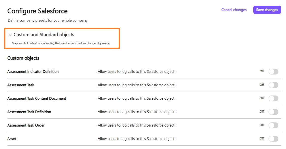 Screenshot of the Dialpad 'Configure Salesforce' settings page featuring an orange box highlighting the expanded 'Custom and Standard objects' section header, with toggle switches listed below to allow users to log calls to specific Salesforce objects.