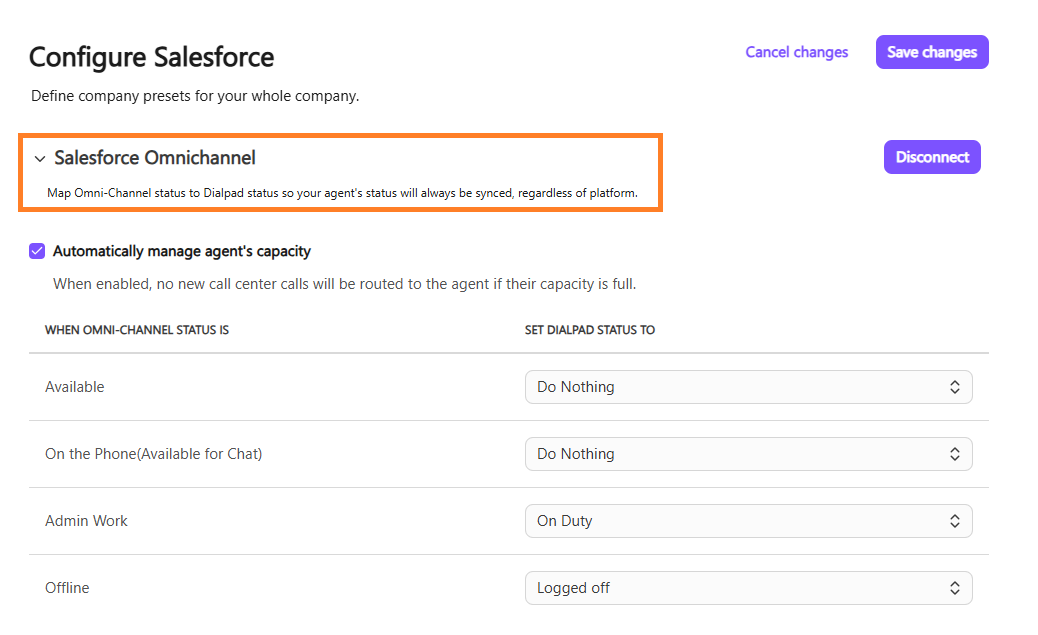 Screenshot of the Dialpad 'Configure Salesforce' settings page featuring an orange box highlighting the 'Salesforce Omnichannel' section header, with status mapping controls listed below to sync Salesforce Omni-Channel statuses to Dialpad statuses.
