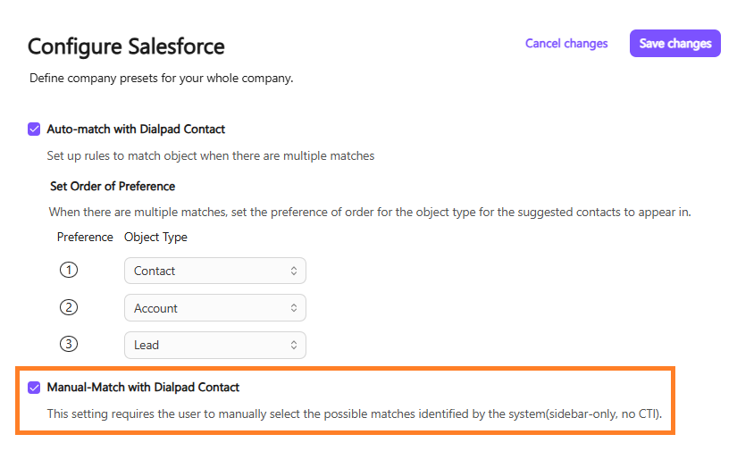 Screenshot of the Dialpad 'Configure Salesforce' settings page with an orange box highlighting the checked 'Manual-Match with Dialpad Contact' checkbox and its description at the bottom of the page.