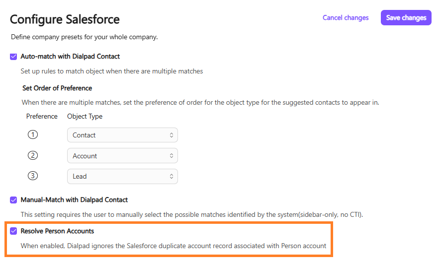 Screenshot of the Dialpad 'Configure Salesforce' settings page with an orange box highlighting the checked 'Resolve Person Accounts' checkbox and its explanation at the bottom.