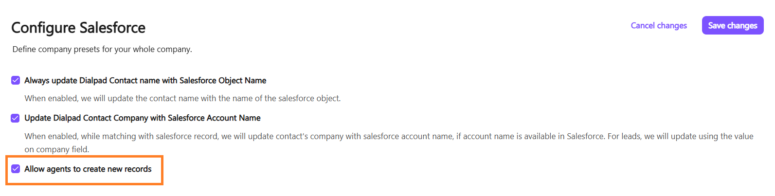 Screenshot of the Dialpad 'Configure Salesforce' settings page featuring an orange box highlighting the checked 'Allow agents to create new records' checkbox near the bottom left corner.