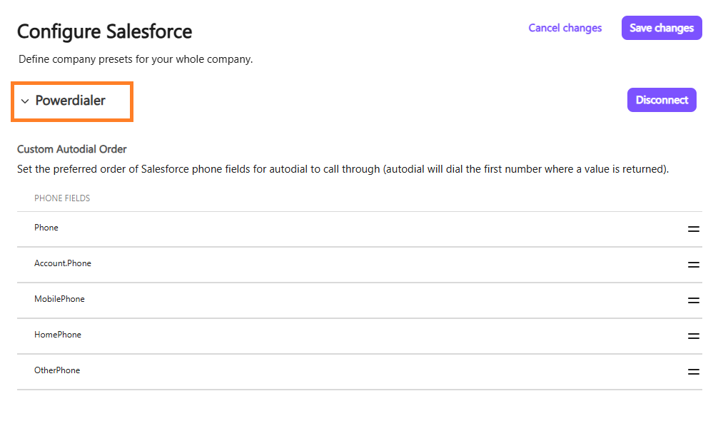 Screenshot of the Dialpad 'Configure Salesforce' settings page featuring an orange box highlighting the expanded 'Powerdialer' section header, displaying the 'Custom Autodial Order' list used to prioritize Salesforce phone fields.