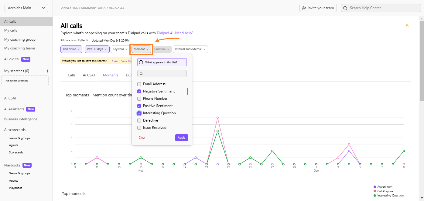 Screenshot of the Call Review page displaying triggered AI Live Coach cards listed within the Moments sidebar and conversation timeline.