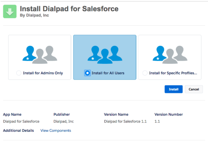 Screenshot of the Salesforce AppExchange package installation page titled 'Install Dialpad for Salesforce', with the 'Install for All Users' option selected and a blue 'Install' button at the bottom right.