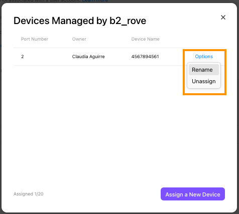 Screen to rename a managed device